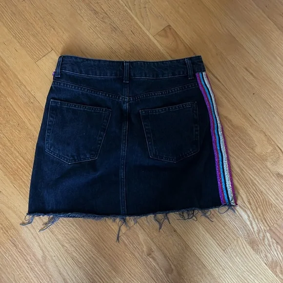 Topshop Moto Rainbow Metallic Glitter Stripe Trim Black Denim Mini Skirt - Picture 5 of 5